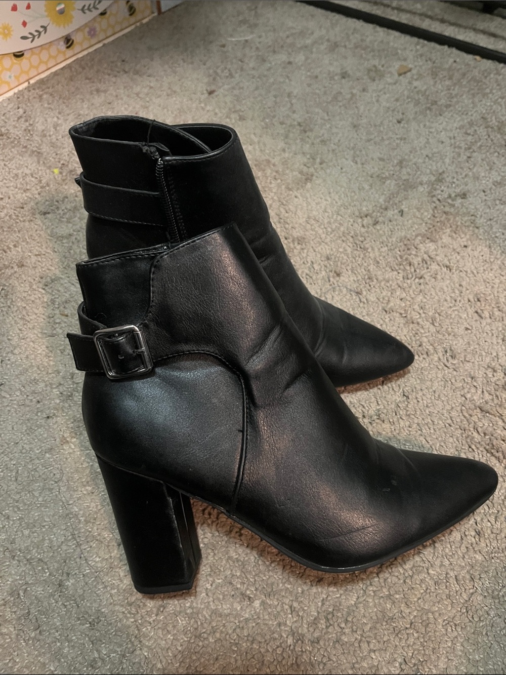 Black Pointed Toe Block Heel Ankle Boots